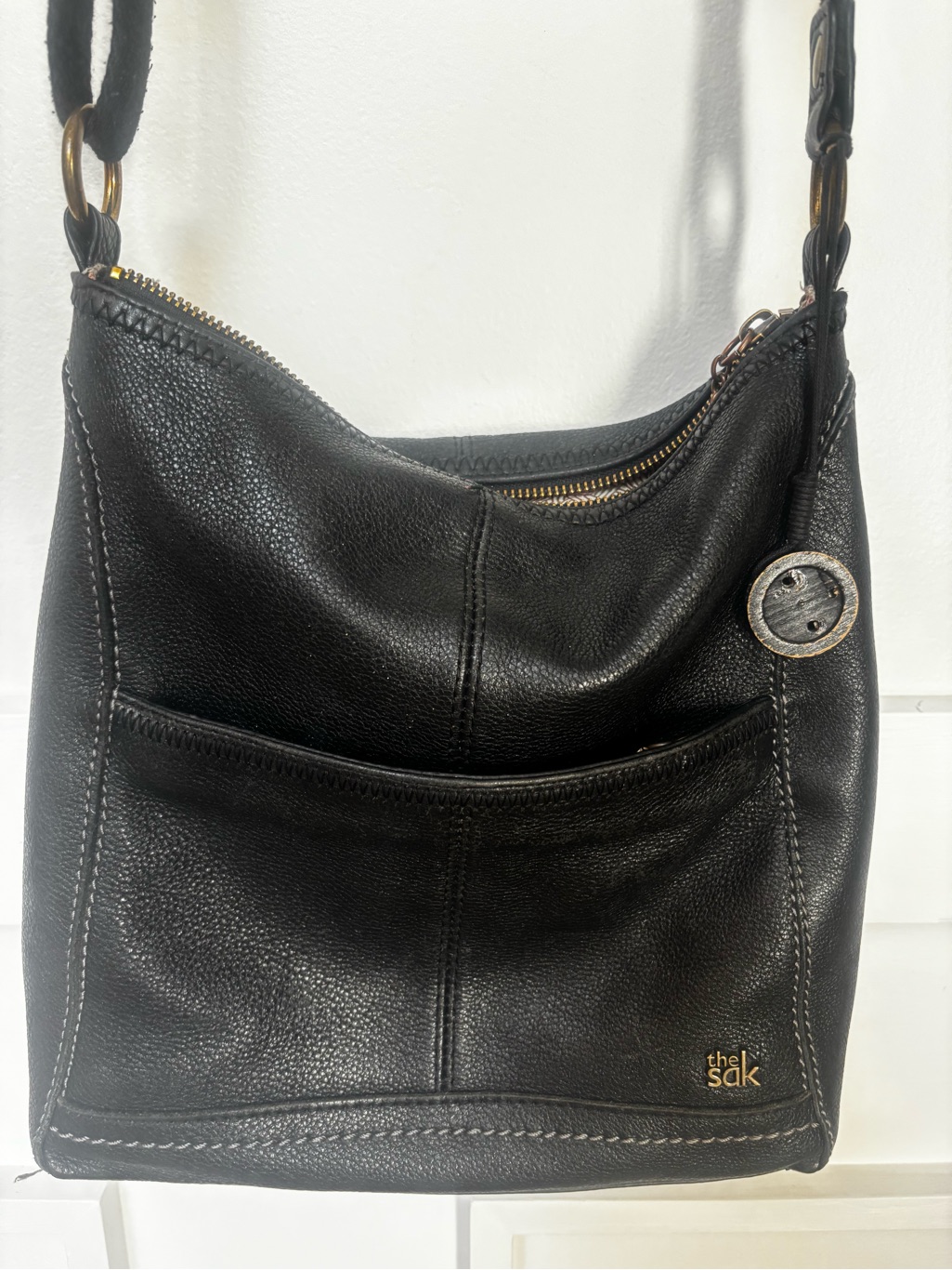 The Sak Black Pebbled Leather Iris Zip Shoulder Bag Crossbody